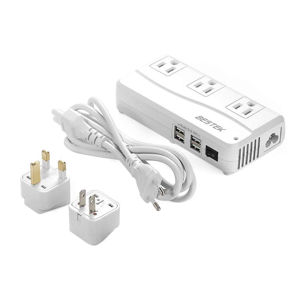 Bestec Travel Transformer, 90V-240V to 100V, 3 AC Outlets + 4 USB Ports, Compatible with A, B, BF, C, O, O2, B3, and SE Plugs, MRJ201GU-WH