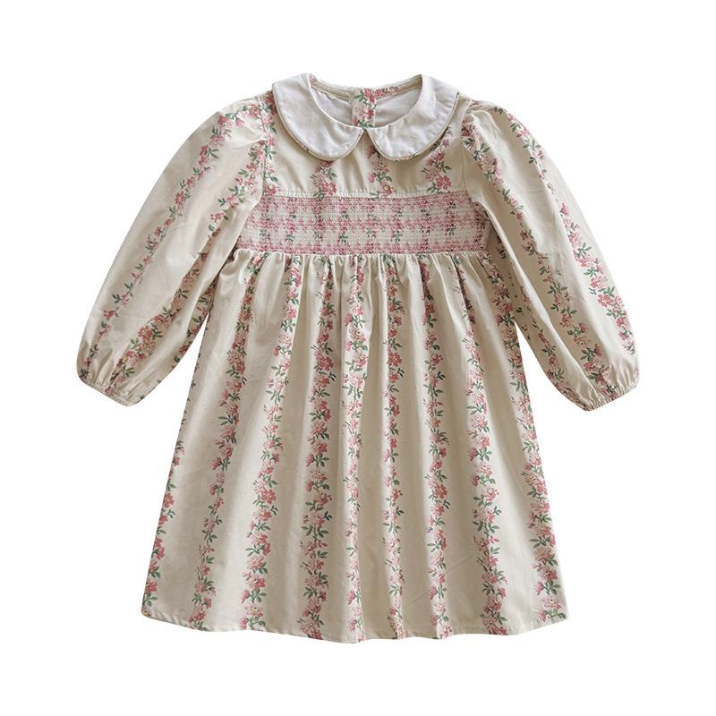 Sweet Girls Spring Dress With Smocked Bodice And Peter Pan Collar Long Sleeve Floral Print Princess Party Dress For Kids