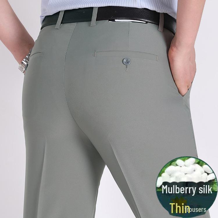 

Мужские летние легкие брюки из шелка Mulberry — свободные, прямые, с высокой талией, глубоким шаговым швом, большие размеры, повседневные для людей среднего возраста и пап. Waist 2 8 = Size 36