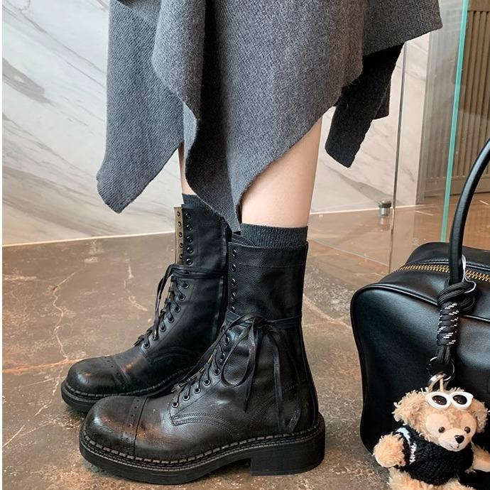 New Spot Cowhide Version~ Grape Mother Same British Style Short Boots Round Head Strap Versatile Martin Boots Women's Side