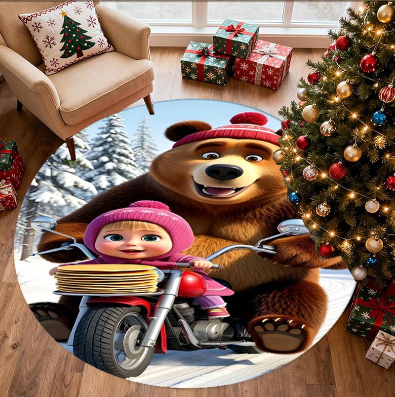 Masha and The Bear Pattern Round Rug, Indoor/Outdoor Mat, for Picnic, Gameroom, Bedroom, Office, Living Room, Home Decor Carpet, Birthday Gift