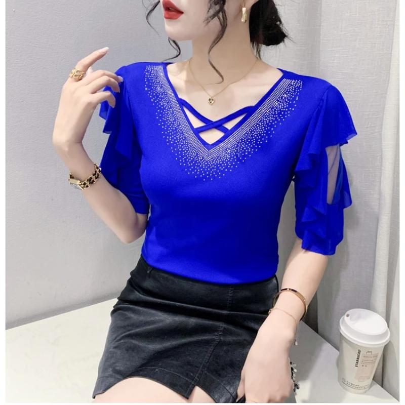 New Summer European Clothes Women's T-Shirt Fashion Sexy V-Neck Shiny Diamonds Tops Chic Hollow Out Short Sleeve All Match Tees
