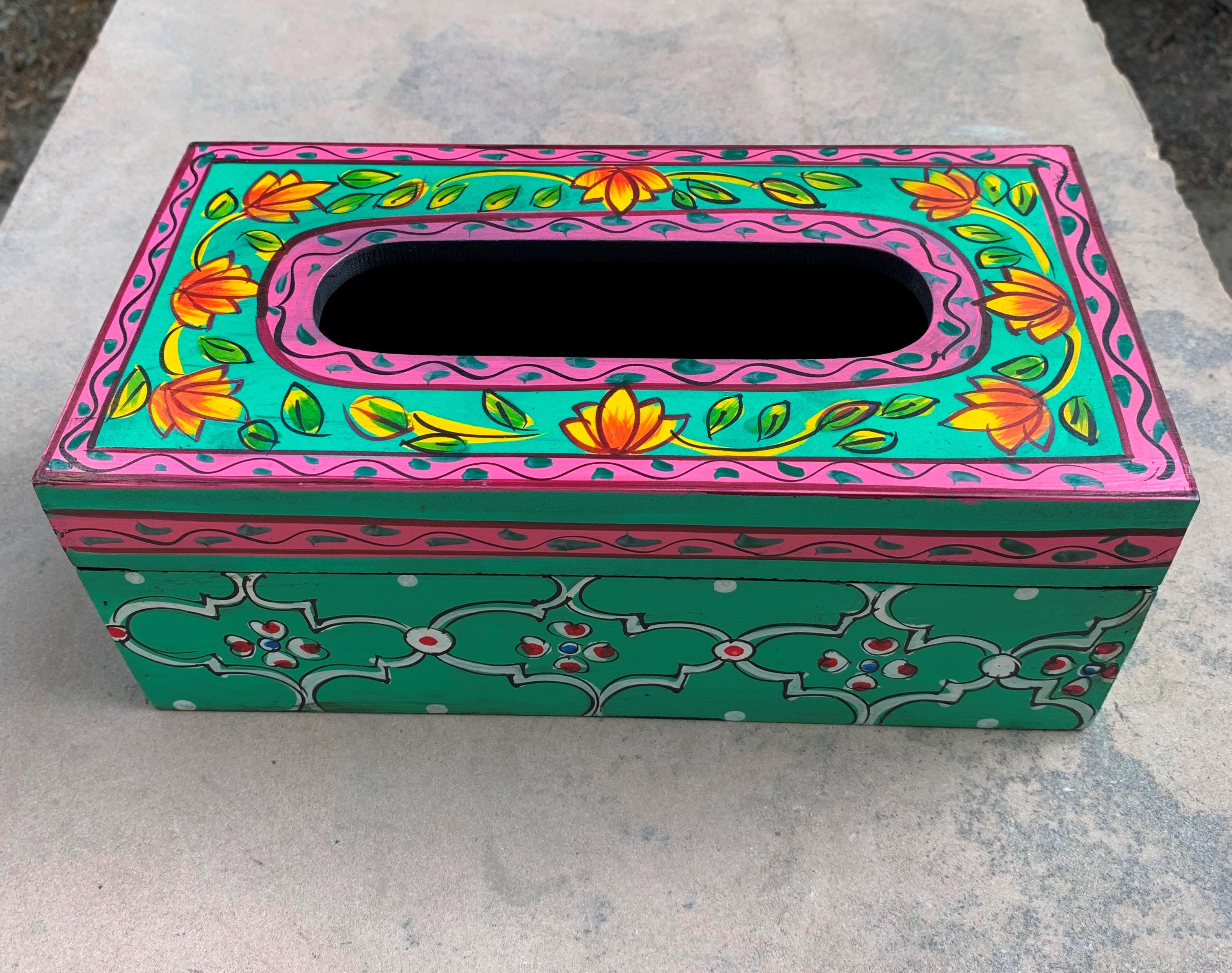 Hand Painted Wooden Tissue Box Cover – Lotus Floral Indian Folk Art Home Decor 4  x 10  x 5   (h x l x w) approx. розовый