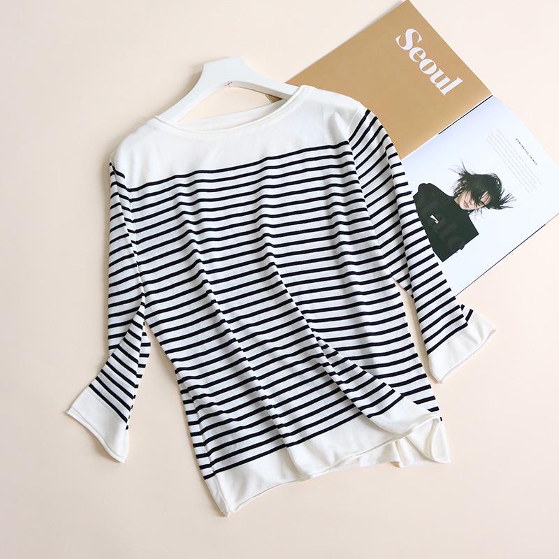 

Tangge Women s Silk Lyocell Striped Long Sleeve Crew Neck T-Shirt XL чёрный