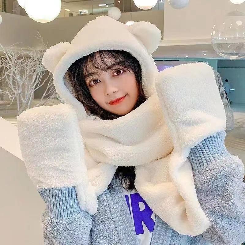 Winter Outdoor Warm Thickened Knit Hat and Scarf Set Adorable Bear Ear Plush Soft and Fluffy Hat