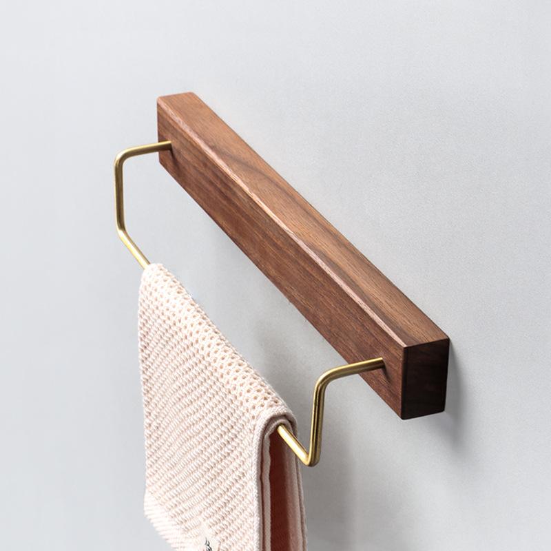 Black Walnut Wood Towel Rack Wall Mounted Retro Towel Bar Wooden Towel Holder Brass Towel Rail Brass Hooks for Bathroom Kitchen