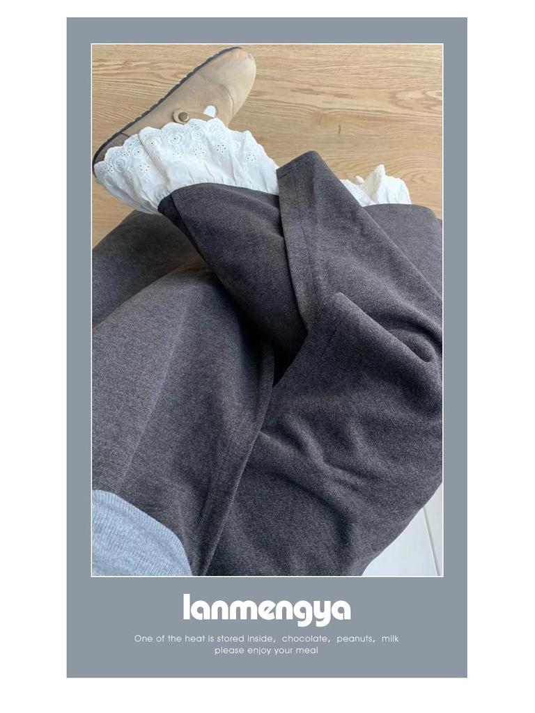 Patchwork Lace Trim High-Waisted Woolen Wide-Leg Pants for Women - Autumn/Winter Plus Velvet Casual Loose Fit.