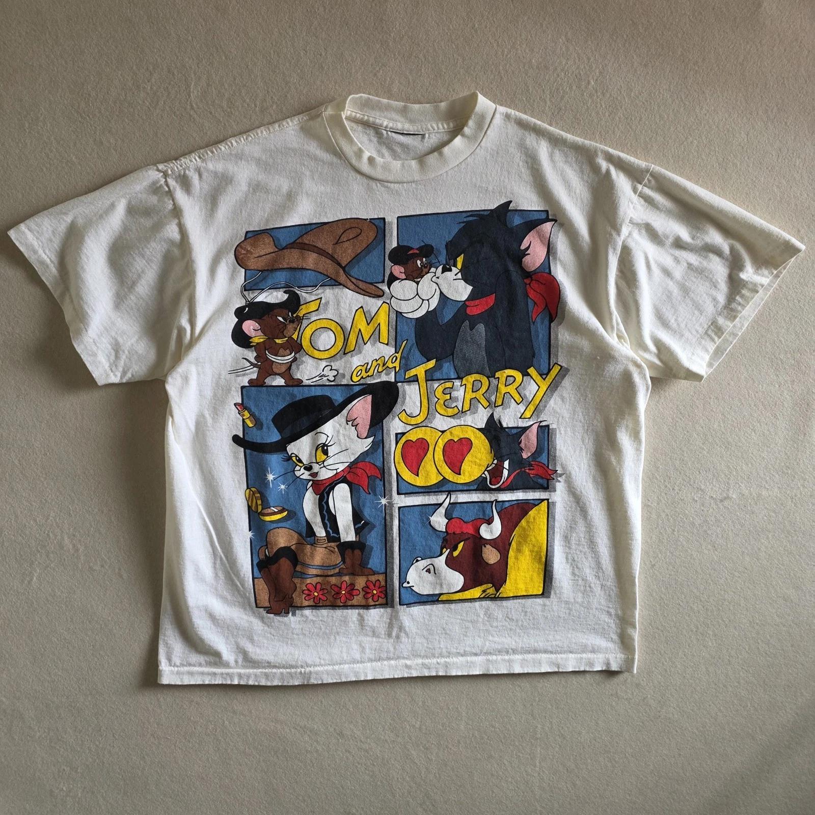 Tom And Jerry Cowboy 90s Style Double-sided Tshirt XL Eggshell White XL