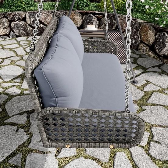 Hanging Swing Chair Wicker Double Seats Metal Chain Without Frame 320Kg Load Capacity Outdoor Garden Porch Patio Swing Lounge with Back Cushion