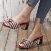 Fashion Thick High Heeled Sandals Women Striped Linen Bow Outside Slippers Women