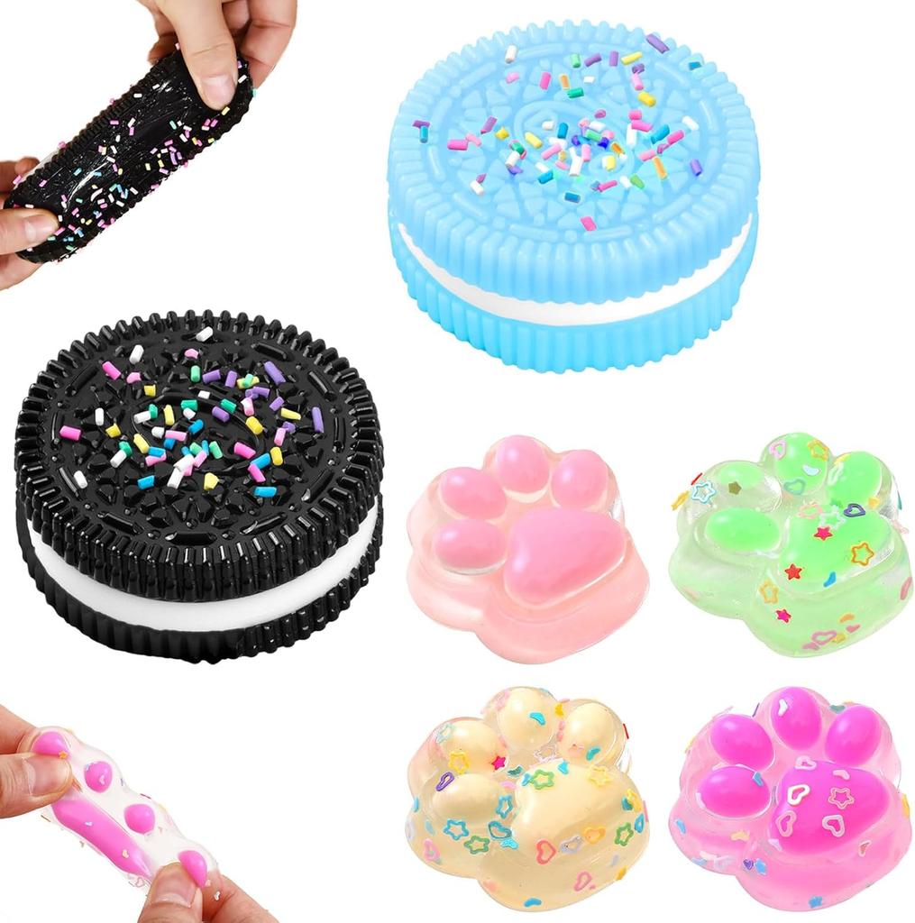 GWAWG Balíček 2 sušenkových antistresových hraček a 4 x Squishy hračka Mini kočičí tlapky, Měkké mačkací sušenkové hračky, Montessori smyslové mačkací hrací doplňky