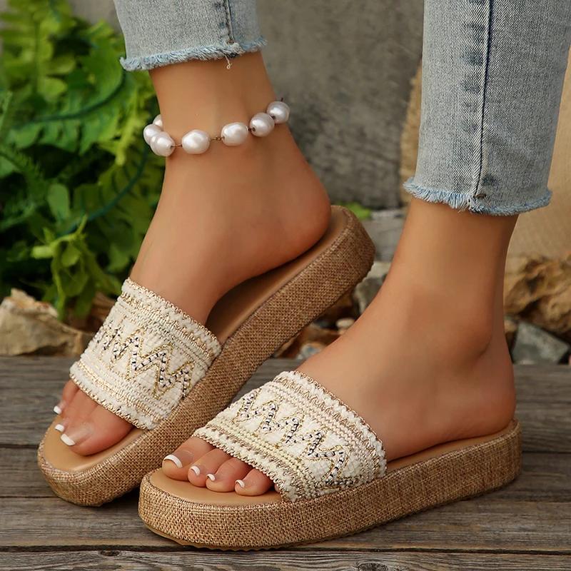 Fashion 2025 New Thick Bottom Bohemian Sandals Women Summer Woven Platform Slippers Woman Vintage Plus Size 36-43 Non Slip Slides Female