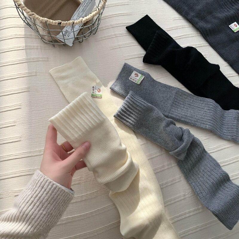 Women Autumn Winter Warm Cashmere Knee‑High Socks,Thick Vertical Wide‑Band Elastic,Thin Spliced Solid Stackable Long‑Tube Cotton Socks