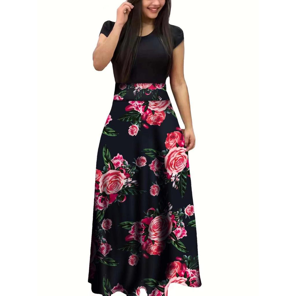Floral Print Patchwork Short Sleeve Bohemian Dress Women Summer Dress O Neck Big Swing Long Dresses