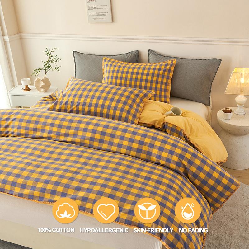 100% Cotton Luxury Bedding Set – Premium Duvet Cover + 2 Pillowcases, Classic Plaid Style, Soft & Breathable Comforter Cover Set