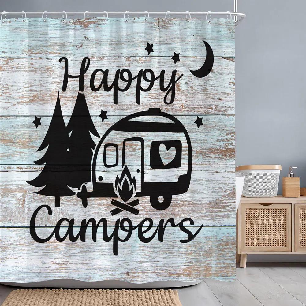 Camping Caravan Forest Shower Curtain Pleasant Camper Tent Campfire Polyester Printed Shower Curtains Bathroom Decor with Hooks