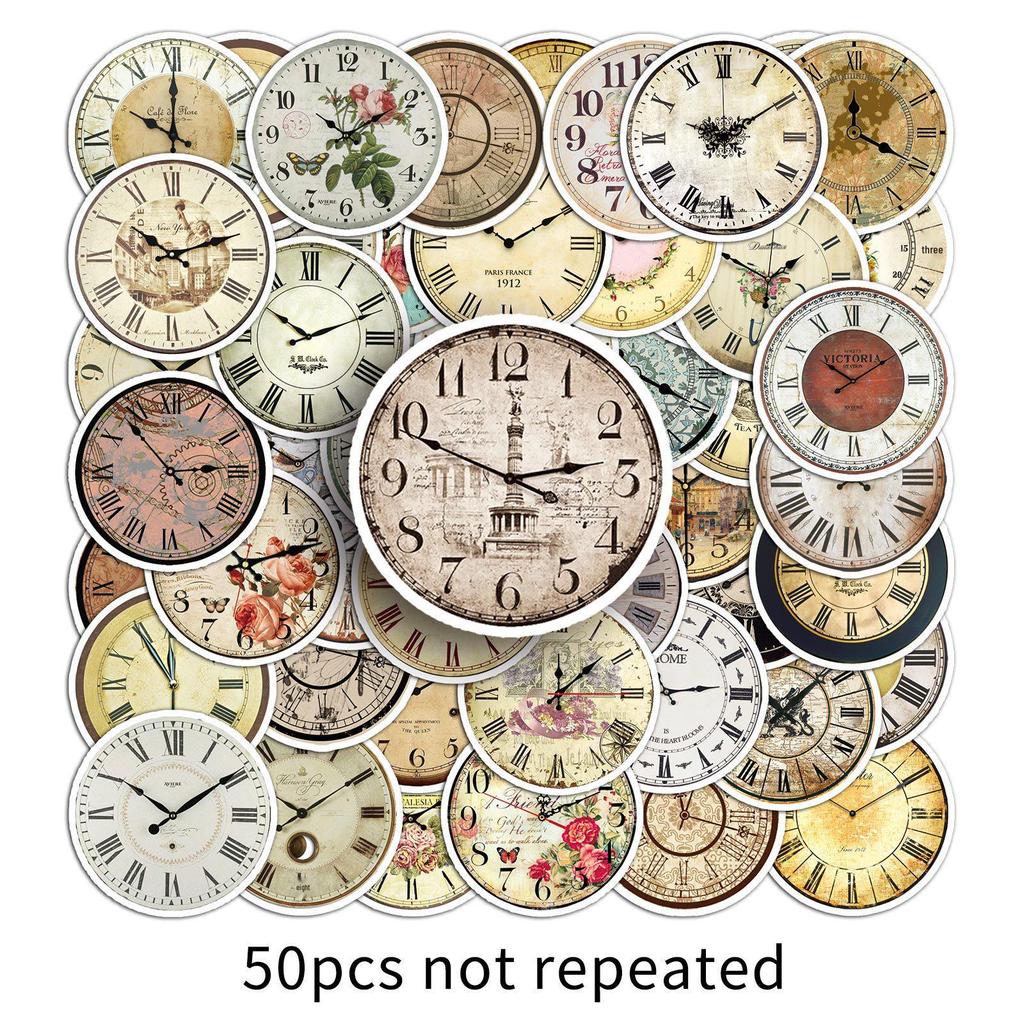 50PCS Vintage Clock Stickers: Retro & Waterproof for Creative DIY Journaling and Notebooks