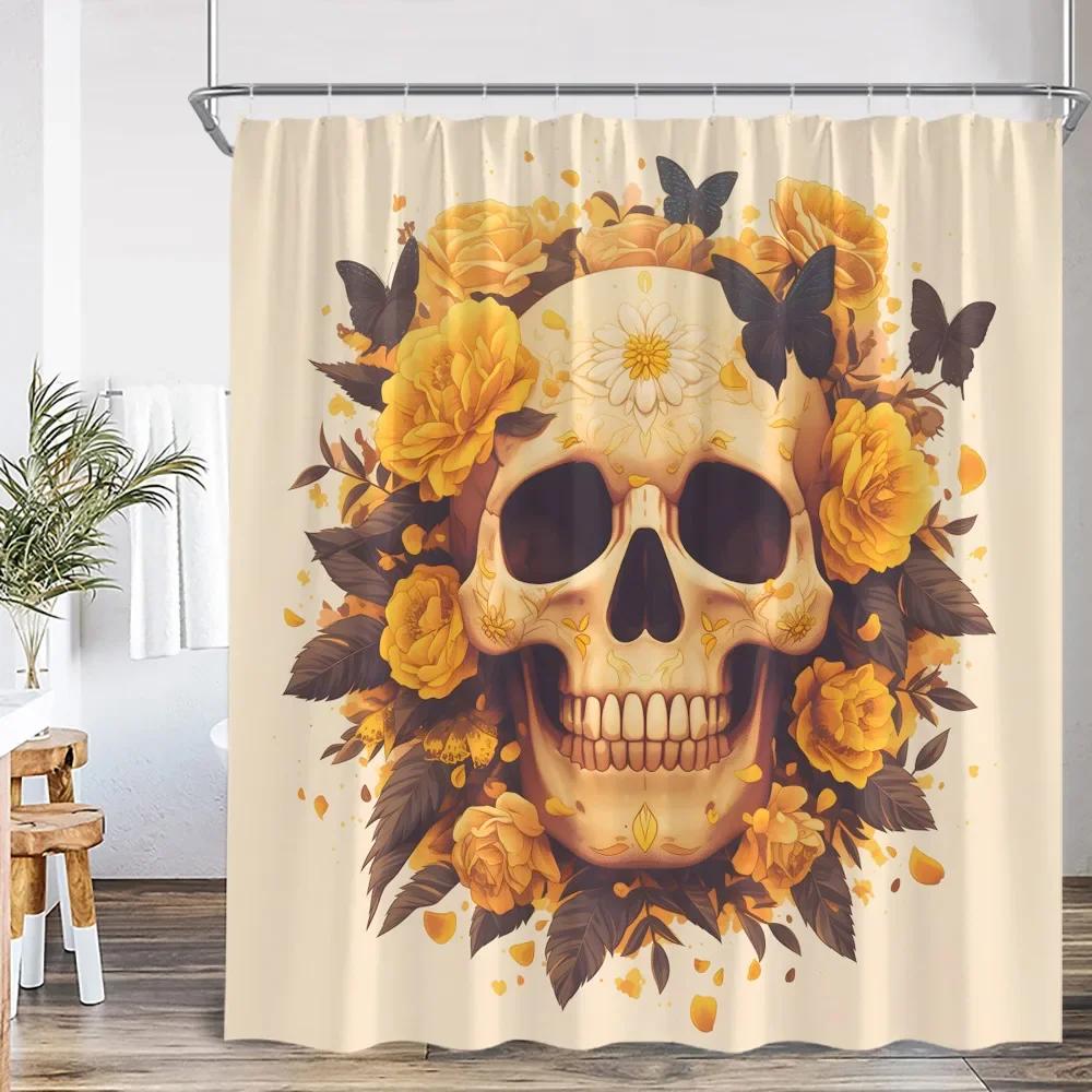 Bohemisk Dödskalle Blomma Duschdraperi Blomma Vintage Växt Blad Glad Halloween Badrumsdekoration Polyester Badkarsdraperi