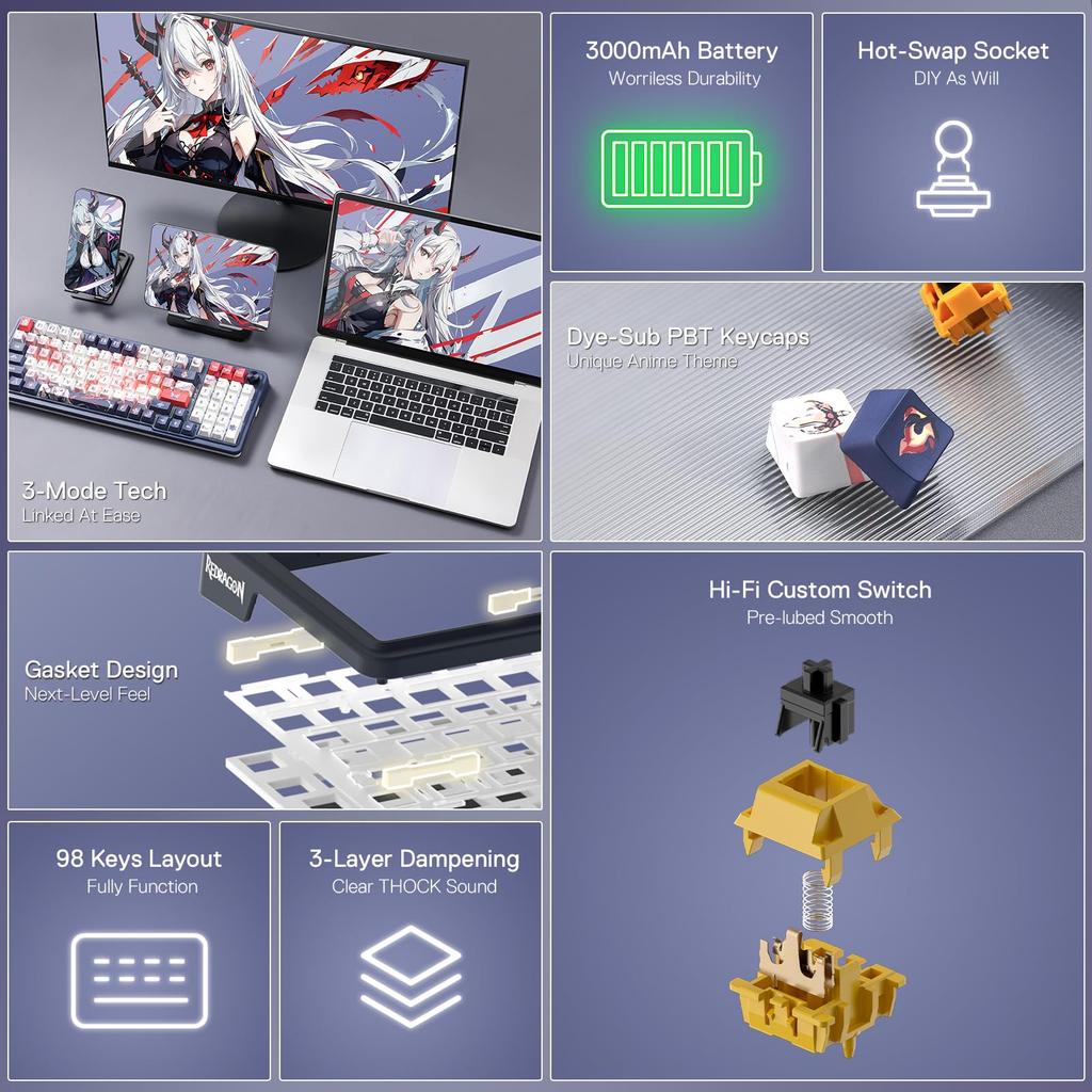 Redragon K686 PRO SE 98-Key Wireless Gasket RGB Gaming Keyboard, 3-Mode Anime Mechanical Keyboard with Hot-Swap Sockets, Dedicated Knob Control &