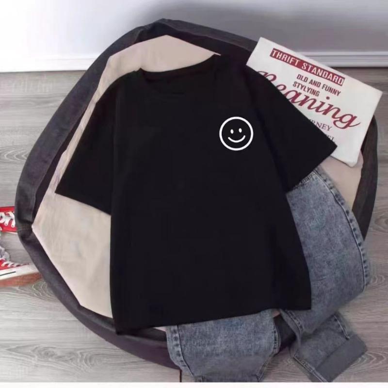 Smiling Face Print White T-shirt Summer 2025 New 100% Cotton Short Sleeve Tee Loose Casual Y2k Top Clothing