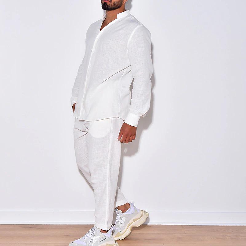 Men's Long Sleeve Linen Shirt Two-Piece Set: Summer Beachwear - Available In Black, White, Beige Solid Colors.