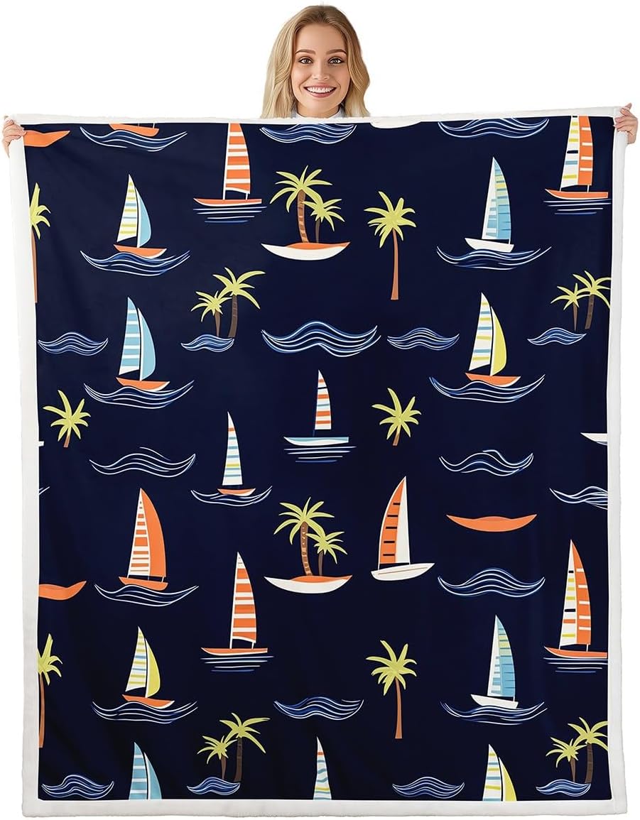 Nautical Sailboat Blanket Tropical Palm Tree Pattern Beach Decor Summer Throw Coastal Home Textile Ocean Theme Bedding 75X95CM