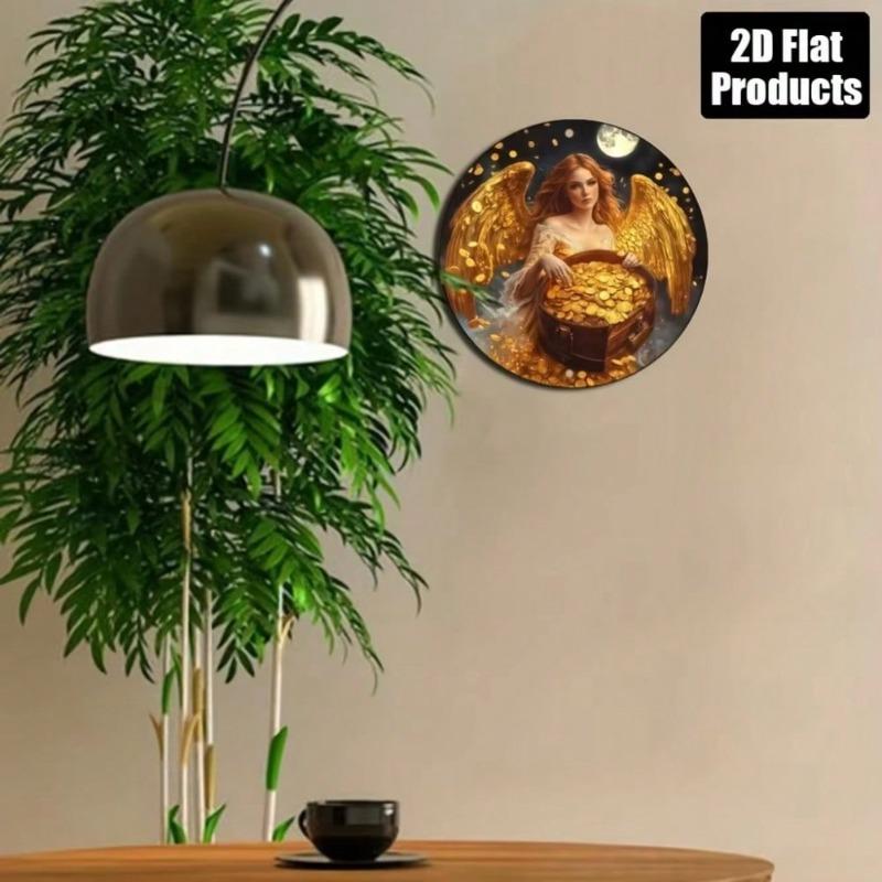 Vintage Metal Wall Art Round 8 Inch Golden Coins Angel Wealth God Home Decor Gift