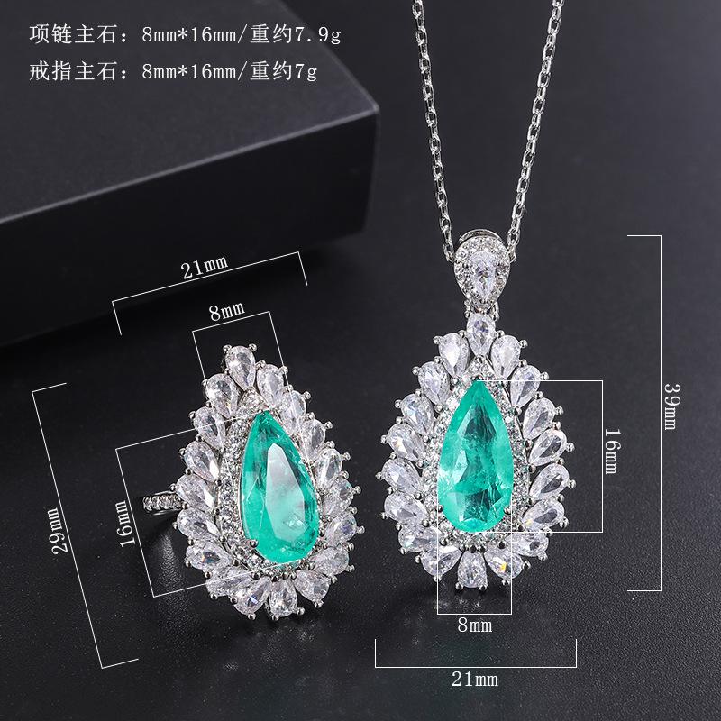 Retro Quadrat Smaragd Anhänger Grenzüberschreitend Paraiba Halskette Schmuck Ring Zubehör Set