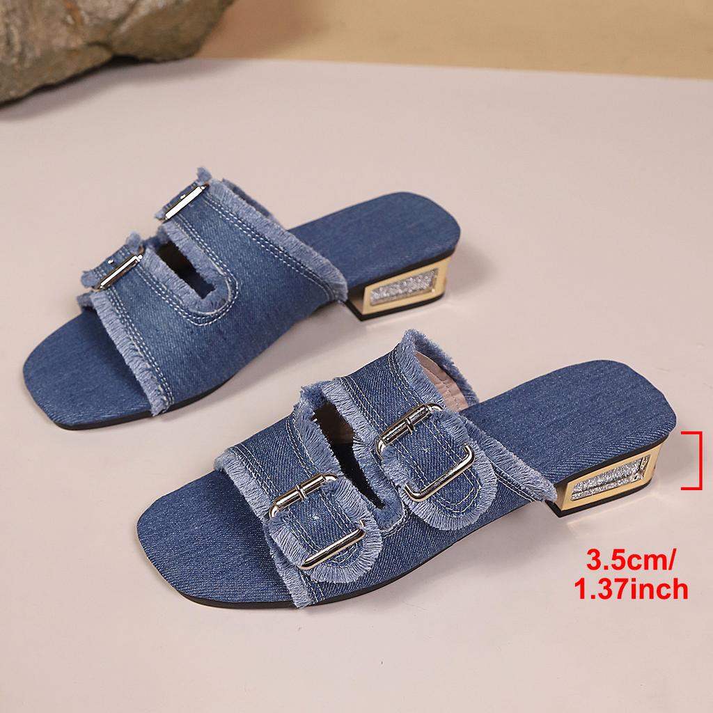 New Large-Size High-Heel Denim Belt Buckle Slip-On Slide Sandals – Summer Outdoor Casual Slippers for Women