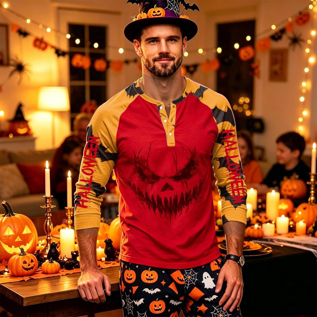 Men's Long Sleeve Shirt with Halloween Print for Holiday Parties and Casual Wear