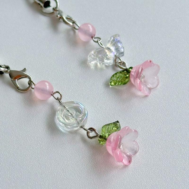 Ręcznie robiony łańcuszek do telefonu z koralików kwiat i motyl zawieszka do telefonu komórkowego kolorowy brelok wisiorek dodatek do telefonu komórkowego