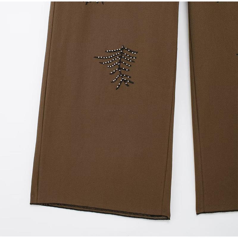 Mode Stickerei Hosen Frauen Retro Mittlere Taille Breite Bein Schnürhose Weibliche Sommer Herbst Lose Street Pant