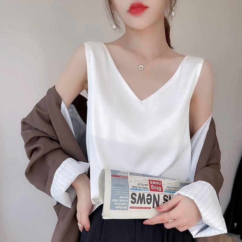 Women S Loose Fit V Neck Wide Strap Camisole French Style Ice Silk Top