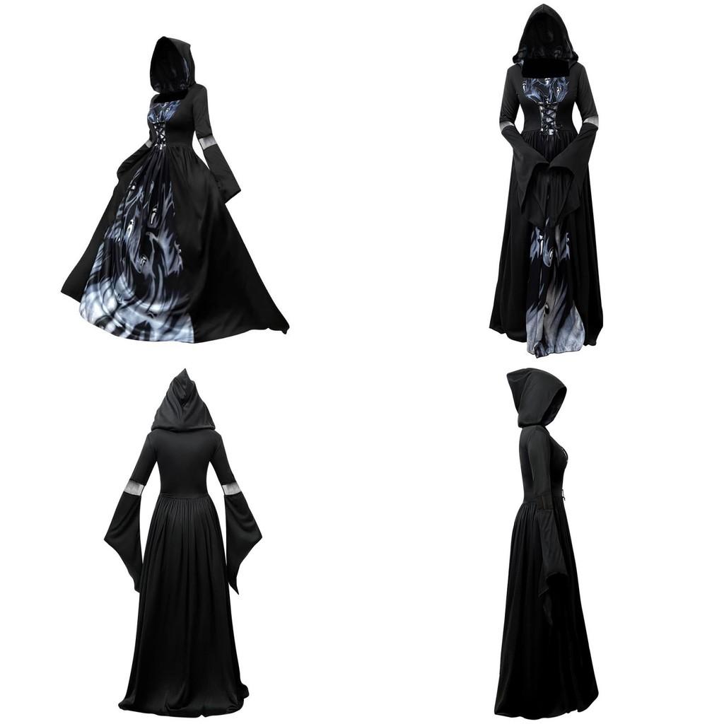 Halloween Hexenkleid Mit Kapuze Cosplay Kostüm Für Damen Aus Polyesterstoff Für Bühnenauftritte