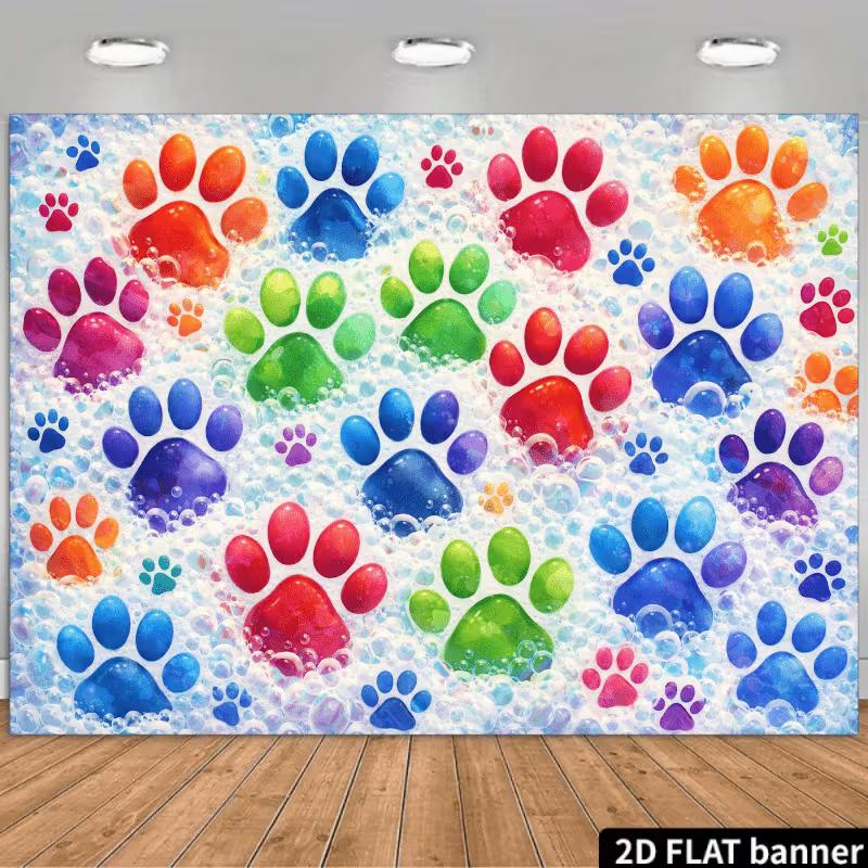 

2D Pet Paw Print Backdrop, Colorful Bubbles Theme Party Decoration Banner 47.2x31.5inch/120*80cm