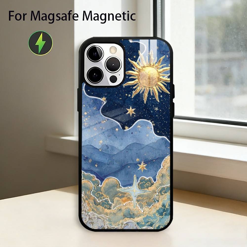 Funny S-Sun Moon Face Phone Case For iPhone17,16,15,14,13,12,11 Plus,Pro Magnetic with Magsafe Wireless Charging