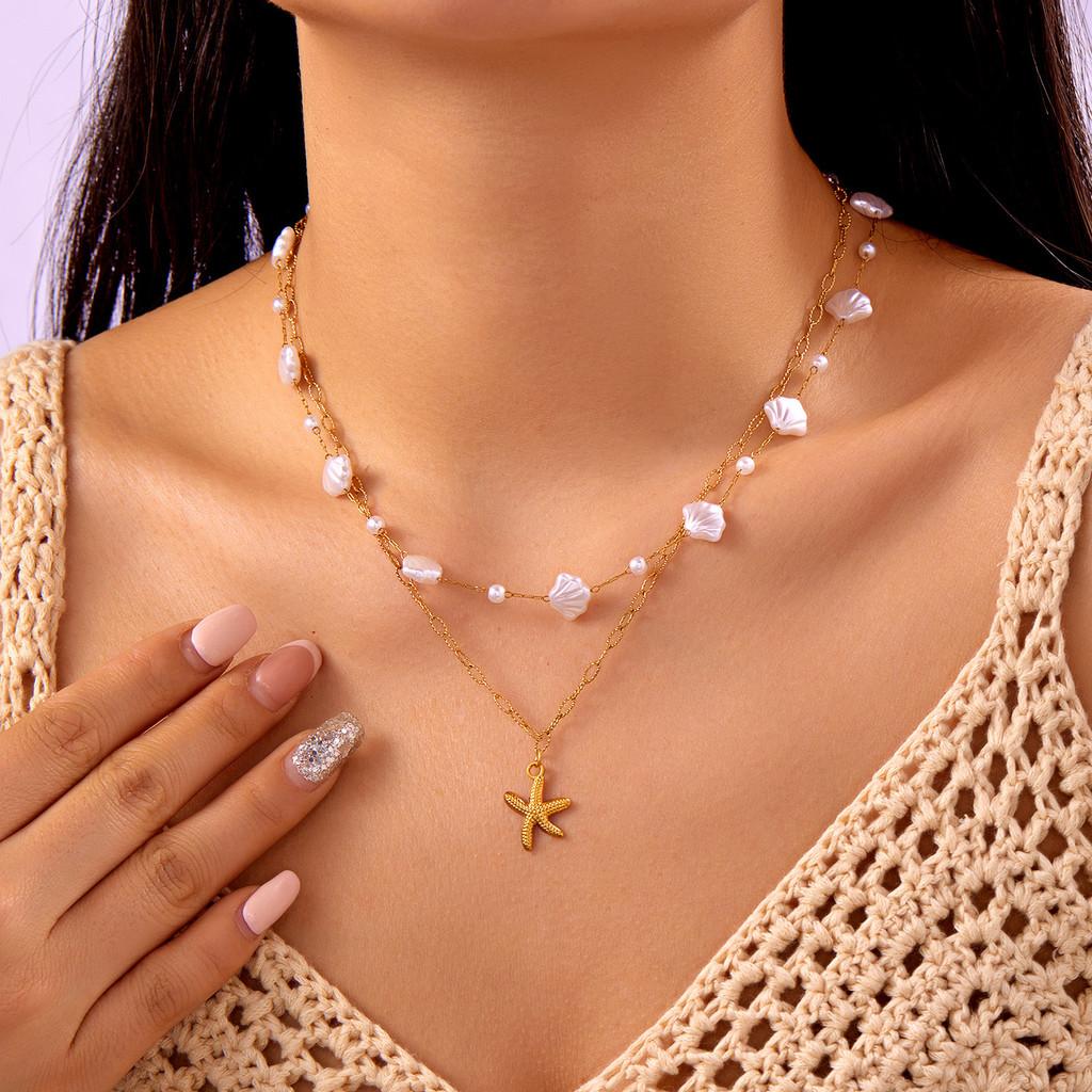 Starfish Shell Pearl Necklace For Women Fashion Ocean Style With Titanium Steel Chain
