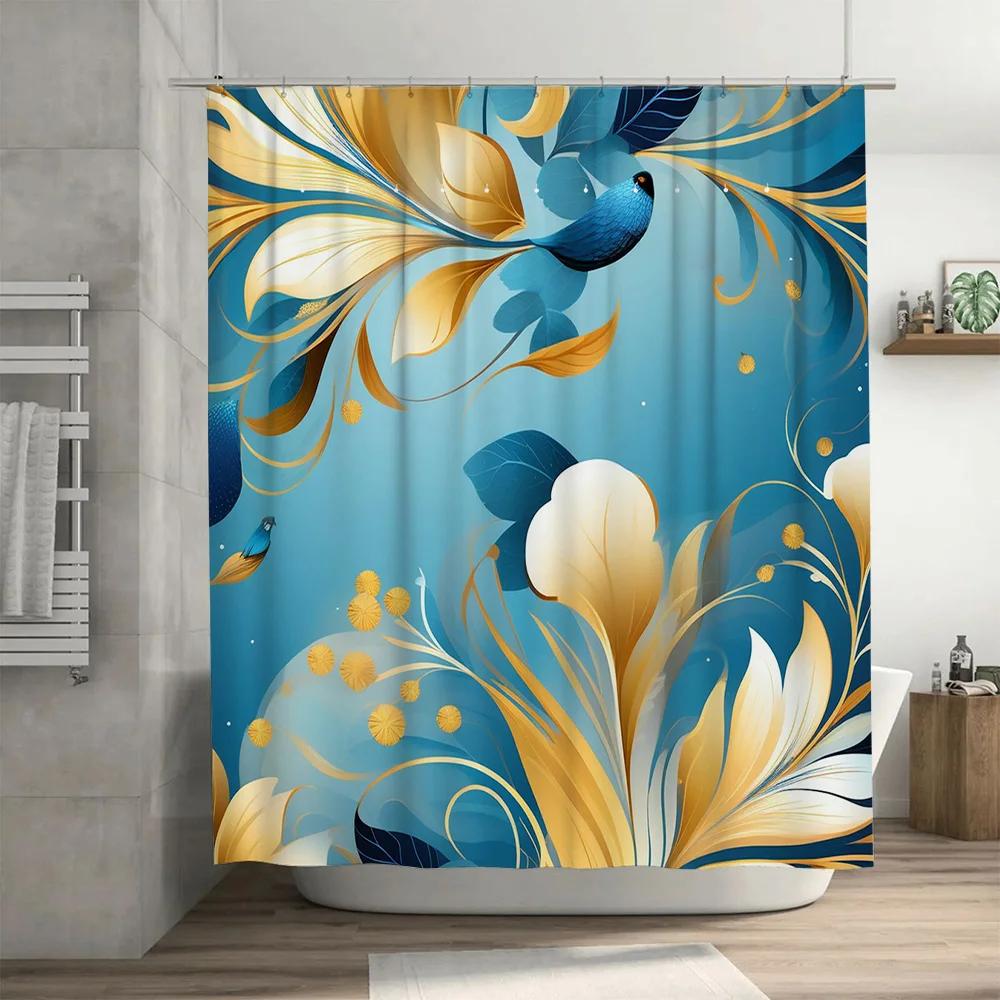 Modern Blue Gold Flower Print Shower Curtain for Bathroom Decor Waterproof Home Decorative Canopy