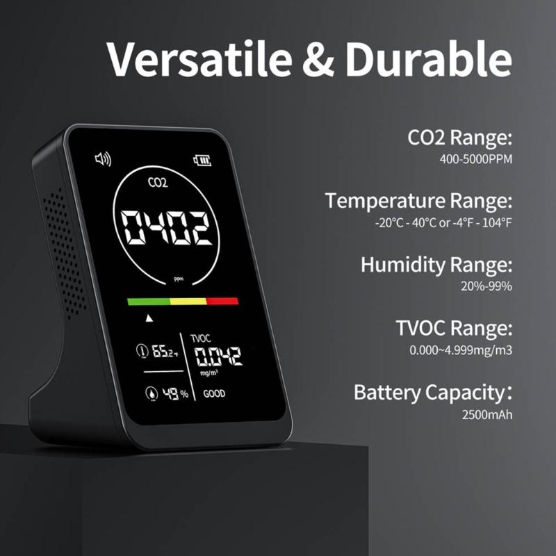 Multifunction Air Quality Monitor Measuring CO2 TVOC Temperature Humidity With Intelligent Alarm for Accurate Readings