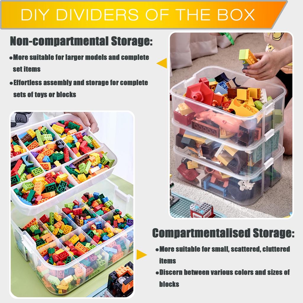 Children's Toy Storage Box with Lid for Lego, 3-Tier Stackable Container Box, Puzzle, Block Set, Clear Organizer, Figure Toy Storage Box, Plastic Case