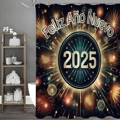 2025 Happy New Year Shower Curtain, Bathroom Decorative Shower Curtain, Waterproof Shower Curtain with Hooks