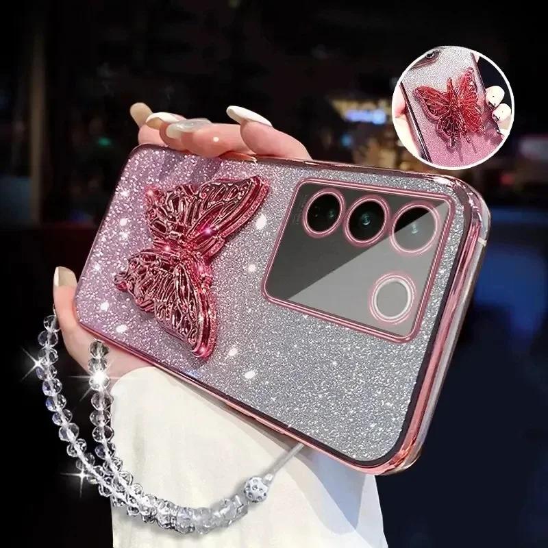 3D Butterfly Phone Holder Crystal Bracelet Glitter Plating Case for Samsung Galaxy A16 A06 5G Bling Soft Back Cover