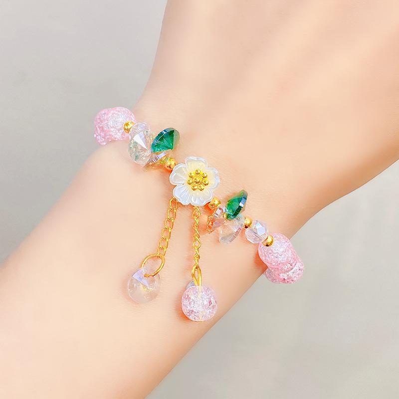 Cute Kids Glass Beaded Bracelet Princess Cartoon Crystal Flower Charm Bangle Handmade Jewelry Gift For Girls Students