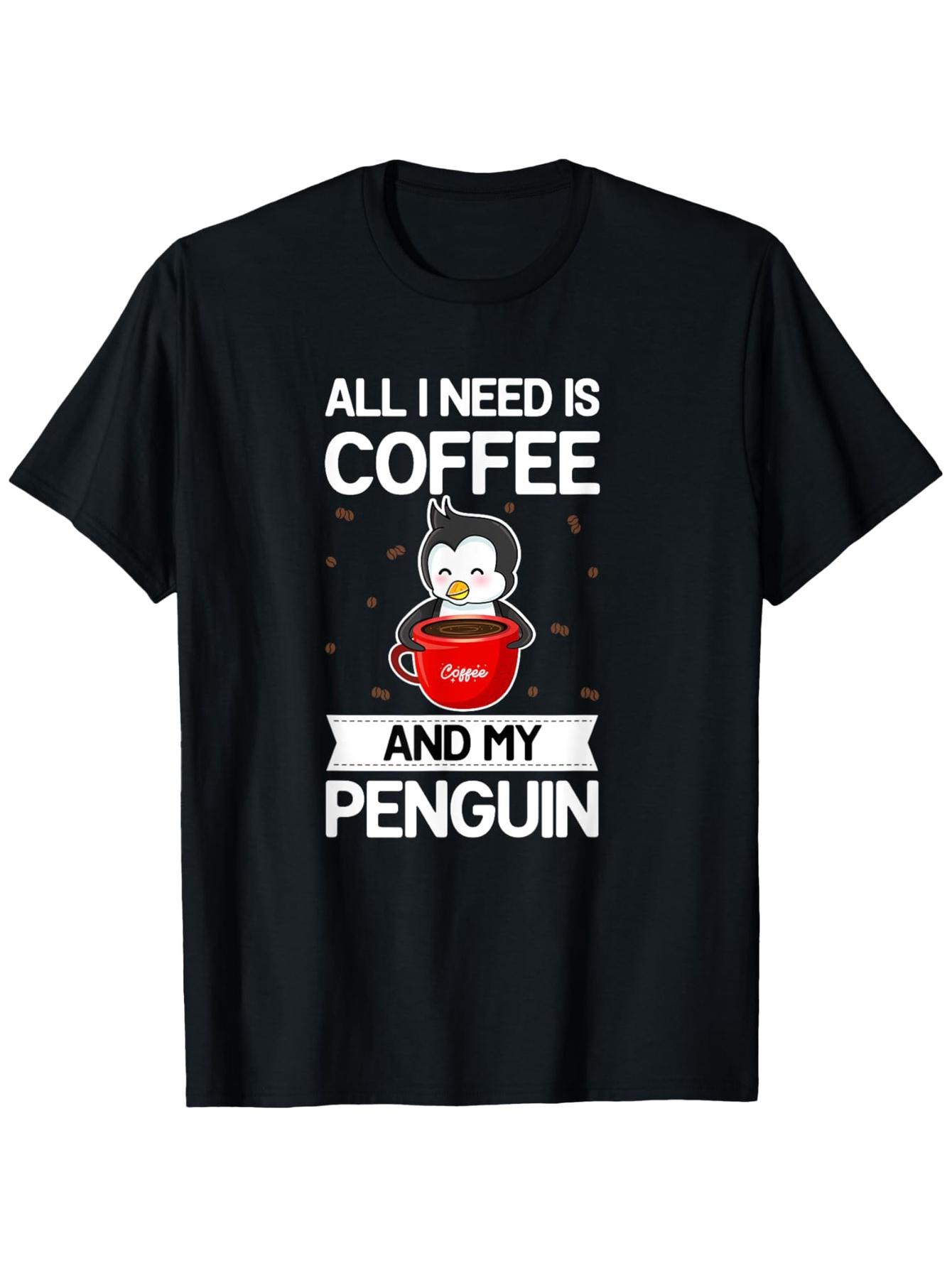 

I Need Coffee and My Penguin Printed Cartoon Women TShirt Short Sleeve Round Neck Funny Casual Summer Women Tshirt Clothing S