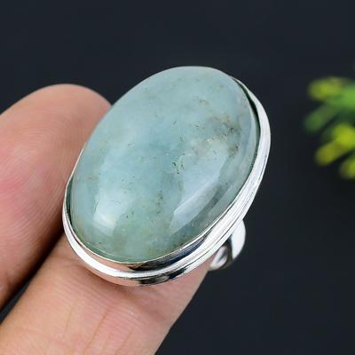 Natürlicher Aquamarin-Edelstein, handgefertigt, 925er Sterlingsilber, Ringgröße 8,5, d7i04