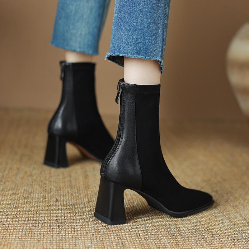 Autumn Winter Square Toe Women High Heel Ankle Boots Fashion Stripper Party Shoes Female Vintage Stretch Slim Short Booties