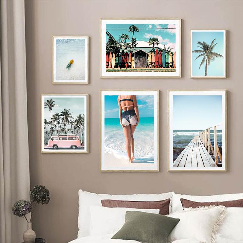 Summer Seaside Scenery Beauty Palm Tree Surfboard Nordic Poster Landscape Decoration Painting Canvas Art Wall Picture HD Print