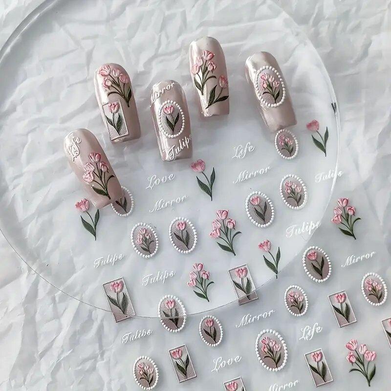 1piece 5Dcute tulip flower nail stickers high quality self-adhesive embossed nail art decals for girls decoration sticker