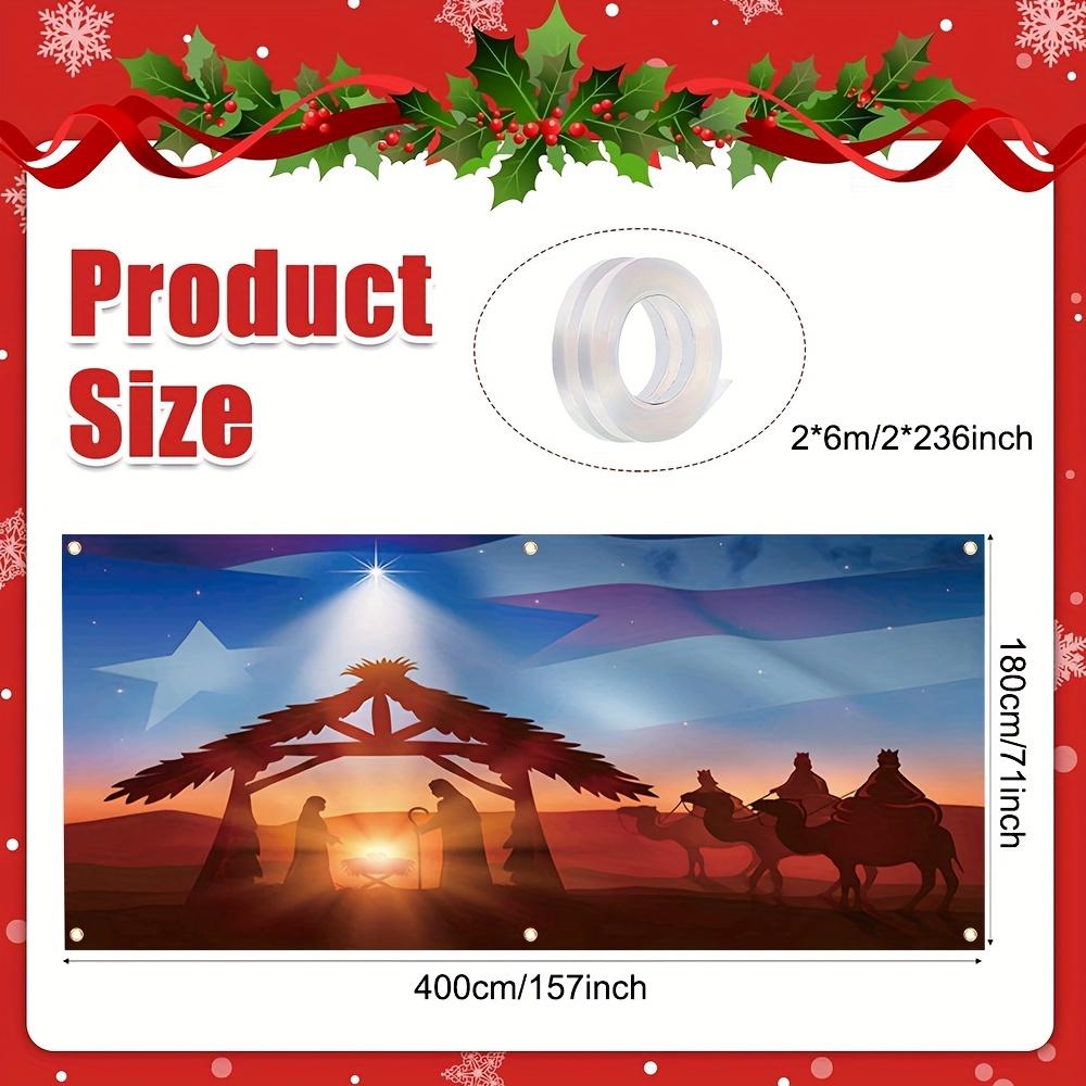 2D Door Banner, 1 Puerto Rican Flag Christmas Garage Door Banner with Holy Family, Starry Sky and American Flag Embellishments