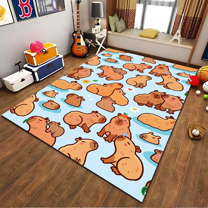 Cute Cartoon Capybara Pattern Carpet for Living Room, Blue Background Suitable for use as an anti-slip for living room bedroom sofas